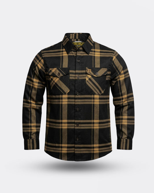 plaid Black and gold flannel shirt on a light gray background - The Two Lane Flannel by Greasy Hands Society