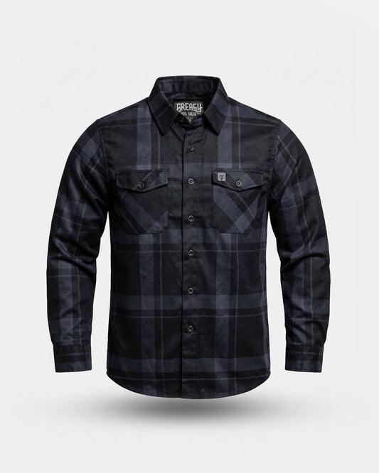 plaid Black flannel shirt on a light gray background - The Synister Continental Flannel from Greasy Hands Society