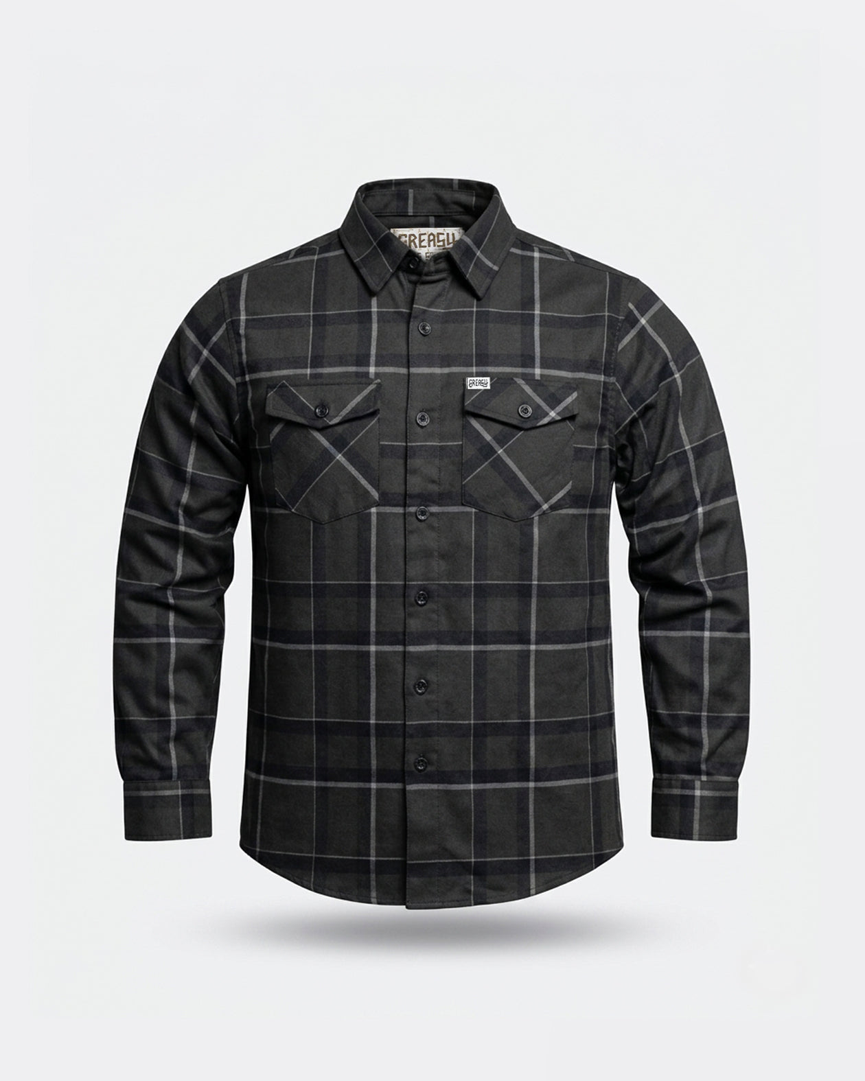 plaid Black and gray flannel shirt on a light gray background - The Dapper Flannel from Greasy Hands Society