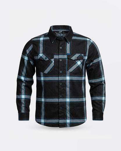 plaid Black and blue flannel shirt on a light gray background - The Gravity Fed Flannel by Greasy Hands Society