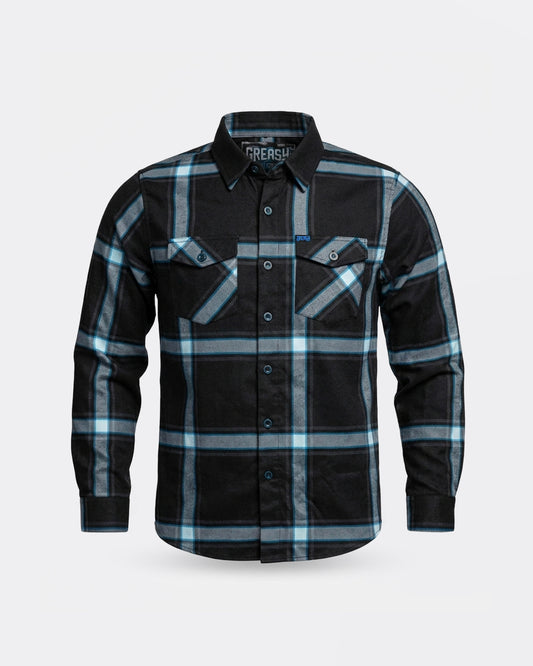 plaid Black and blue flannel shirt on a light gray background - The Gravity Fed Flannel by Greasy Hands Society