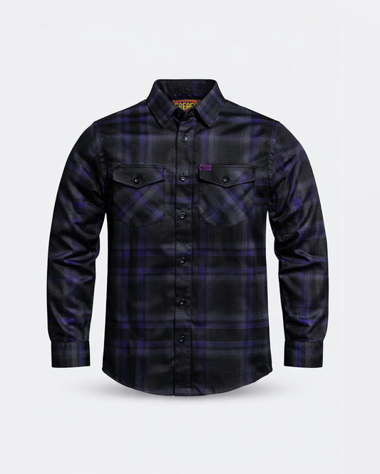plaid Black and purple flannel shirt on a light gray background - The Kiss the Sky Flannel by Greasy Hands Society