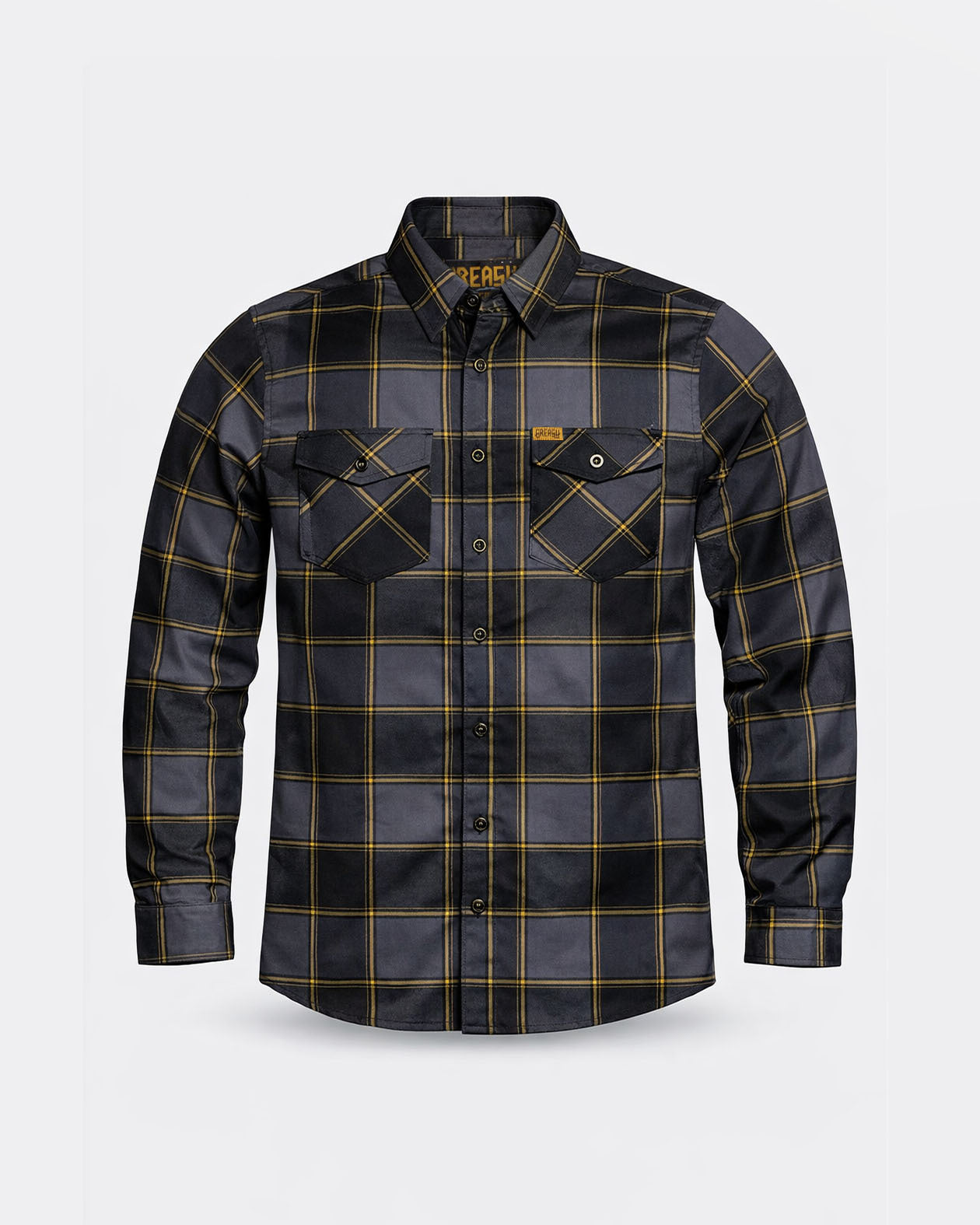Black gray and orange plaid flannel shirt on a light gray background - El Lobo Flannel by Greasy Hands Society
