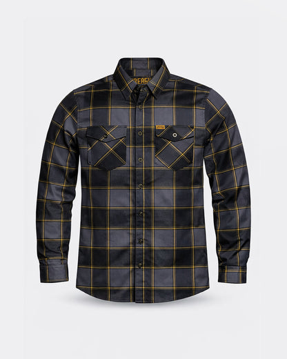 Black gray and orange plaid flannel shirt on a light gray background - El Lobo Flannel by Greasy Hands Society