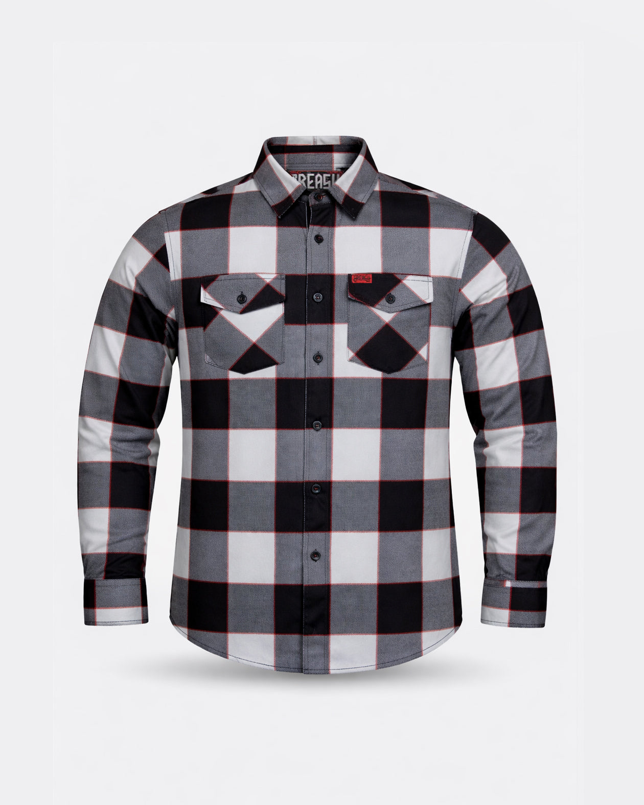 Plaid shirt with black, white, and gray pattern on a light gray background - The Banger Flannel by Greasy Hands Society