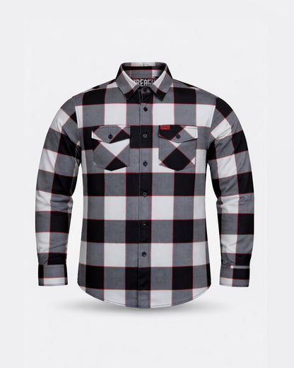 Plaid shirt with black, white, and gray pattern on a light gray background - The Banger Flannel by Greasy Hands Society