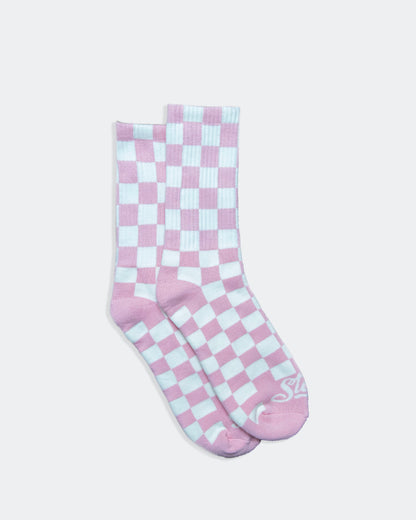 Pink and white checkered socks on a white background - greasy hands society