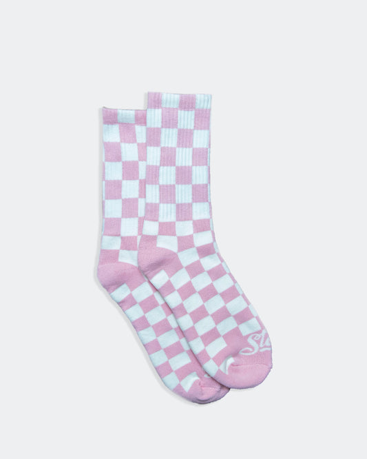 Pink and white checkered socks on a white background - greasy hands society