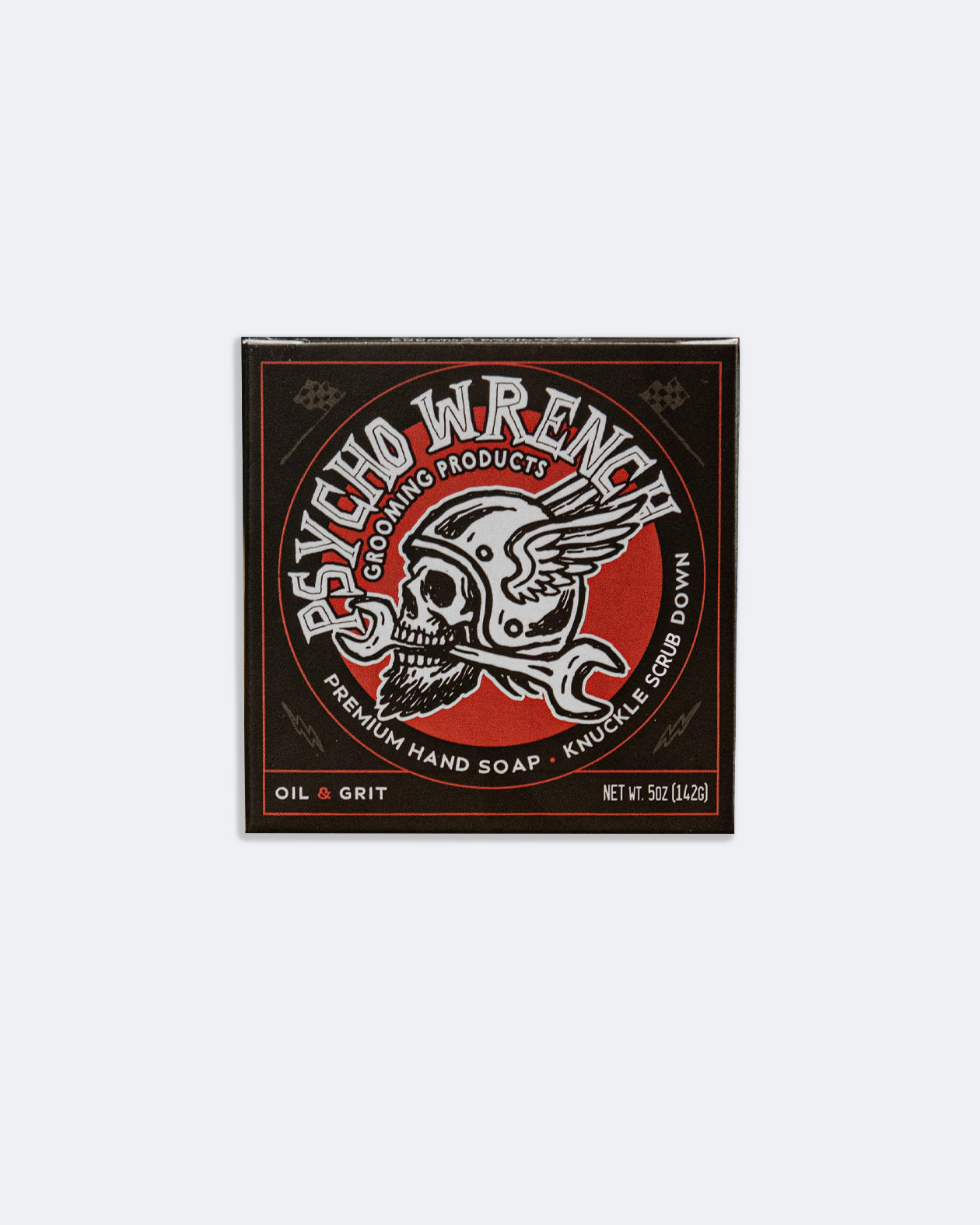 psycho wrench oil and grit bar soap from greasy hands society - knuckle down bar soap on a gray background