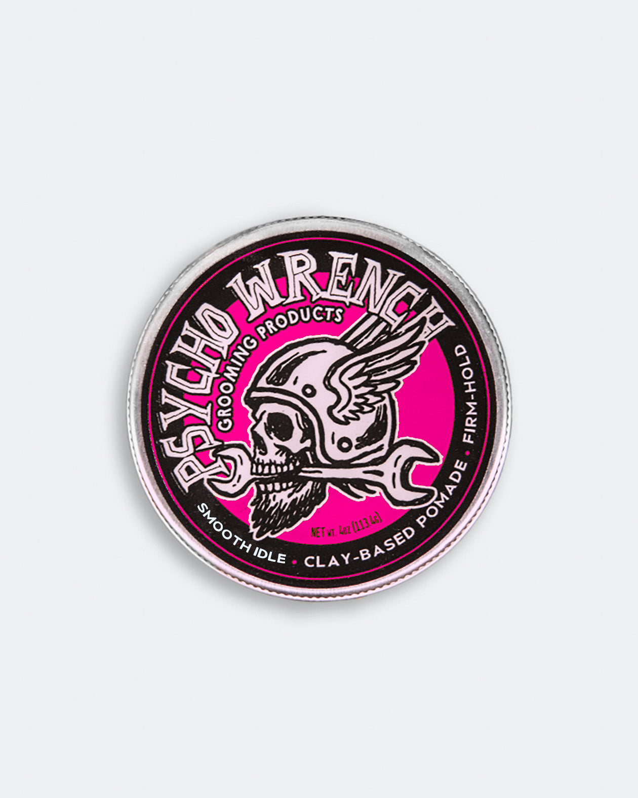 Psycho Wrench grooming product container with smooth idle scent showing a skull and wrench design on a white background