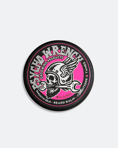 Beard balm container with 'Psycho Wrench' branding on a white background