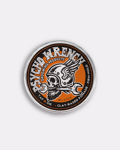 Psycho Wrench grooming product container with skull design on a white background - Psycho Wrench Tap & Die Clay Pomade by Greasy Hands Society
