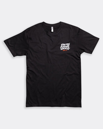 5 finger smack black tee front showing greasy hands society graphic on left chest