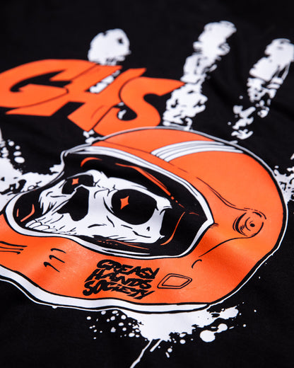 5 finger graphic back design detail showing a skull in a motorcycle helmet with the greasy hand