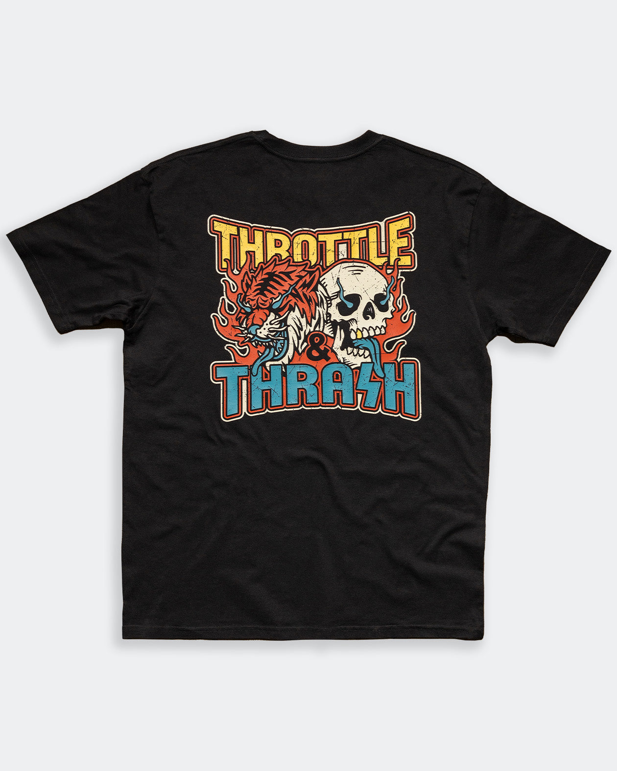 throttle and thrash graphic tee full ack graphic of a skull and tiger