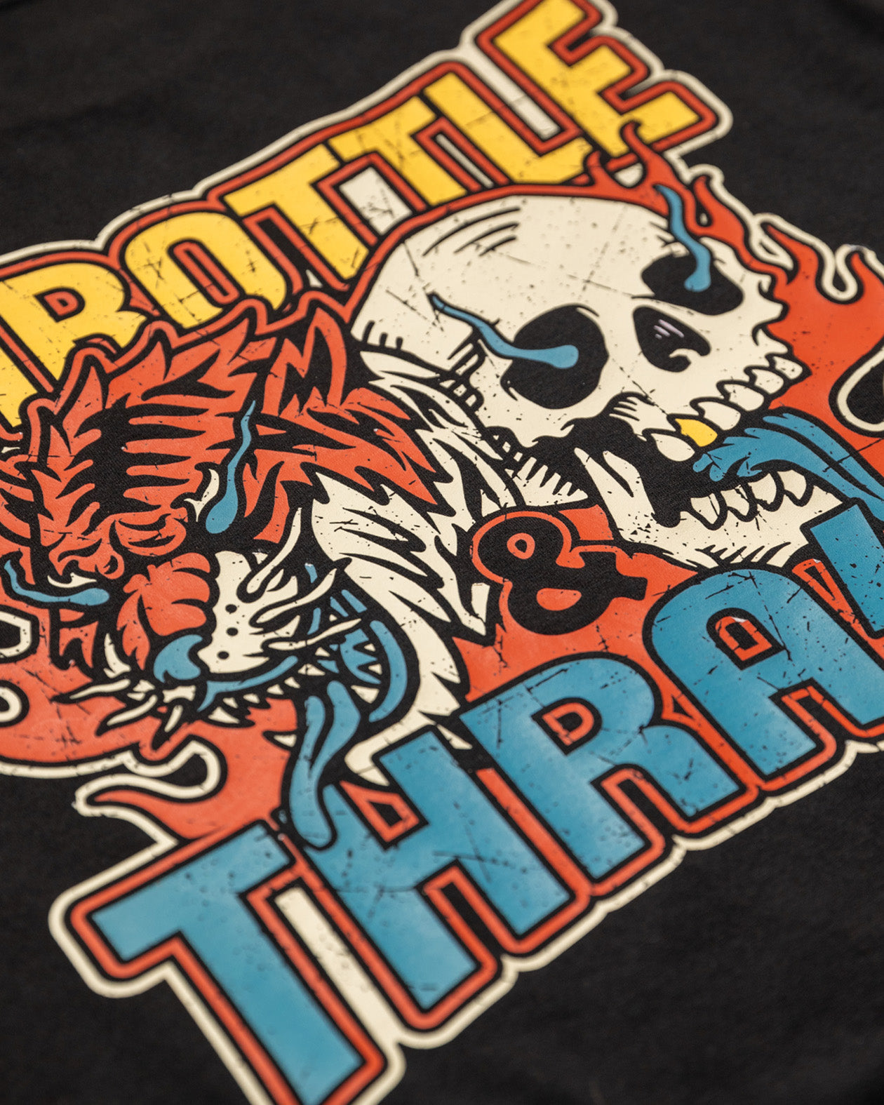 throttle and thrash graphic tee full ack graphic of a skull and tiger detail of the graphic