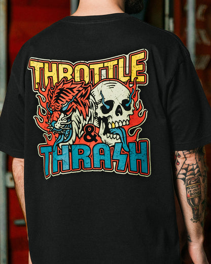 throttle and thrash black graphic tee full art back view on a model showing a tiger and skull