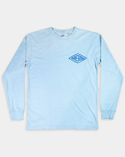 cross the line blue long sleeve t-shirt front view flat lay
