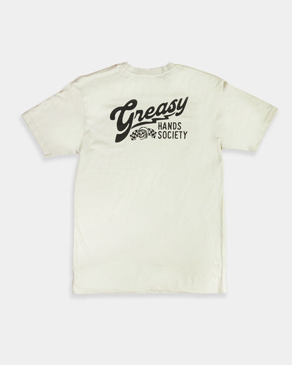 Beige t-shirt with 'Greasy Hands Society' text on a white background - women's desination graphic tee