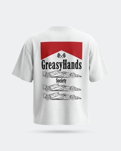 White boxy streetwear JDM t-shirt with 'Greasy Hands Society' graphic design on a white background
