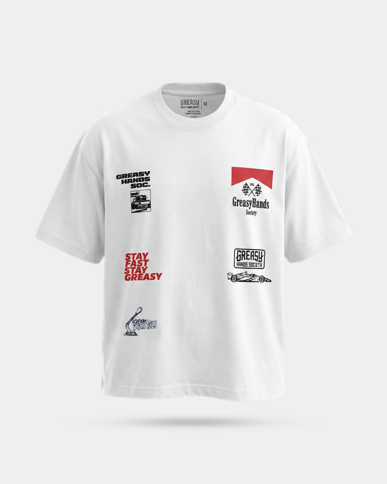 White boxy streewear t-shirt with multiple logos and text on a white background