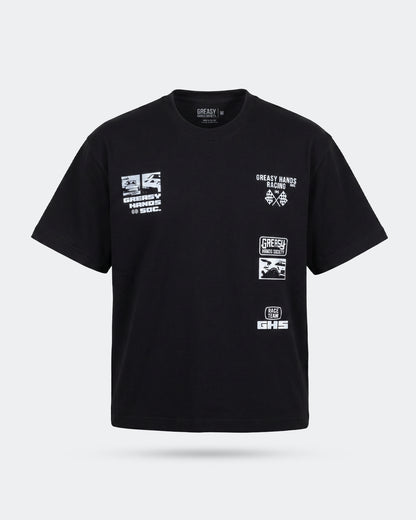 men's Black t-shirt with white graphics and text on a light gray background - street racer graphic tee by greasy hands society
