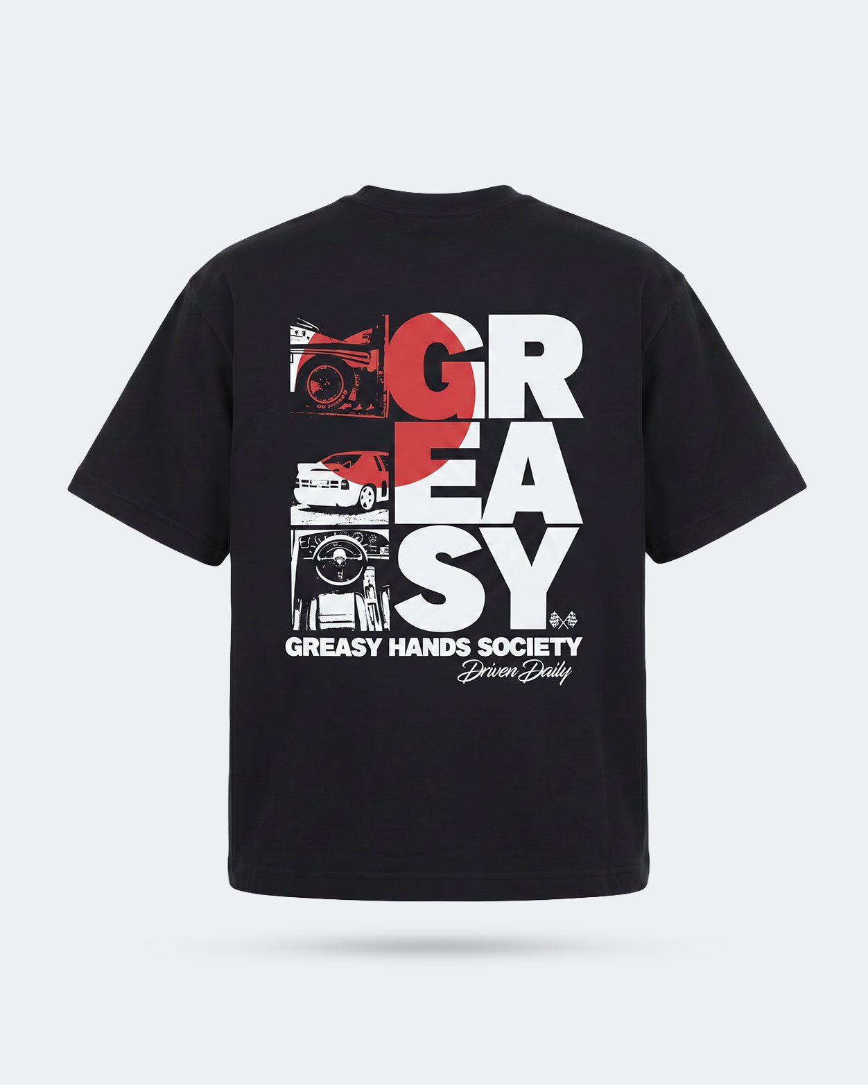 back of a Black t-shirt with 'GREASY' graphic design in white and red on a white background - The JDM Super Stack by Greasy Hands Society