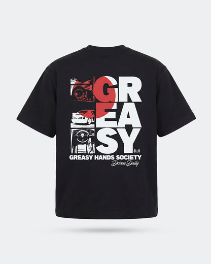 back of a Black t-shirt with 'GREASY' graphic design in white and red on a white background - The JDM Super Stack by Greasy Hands Society