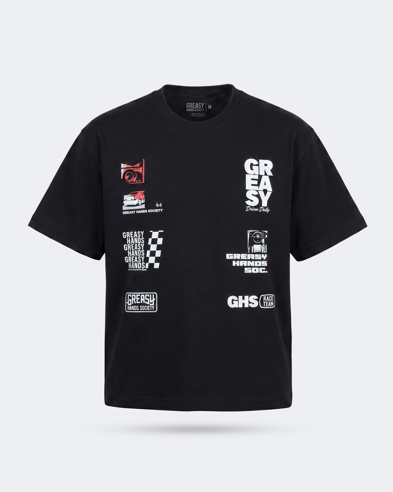 Black t-shirt with multiple logos in white and red on a white background - the JDM Super Stack Men's graphic tee by Greasy Hands Society