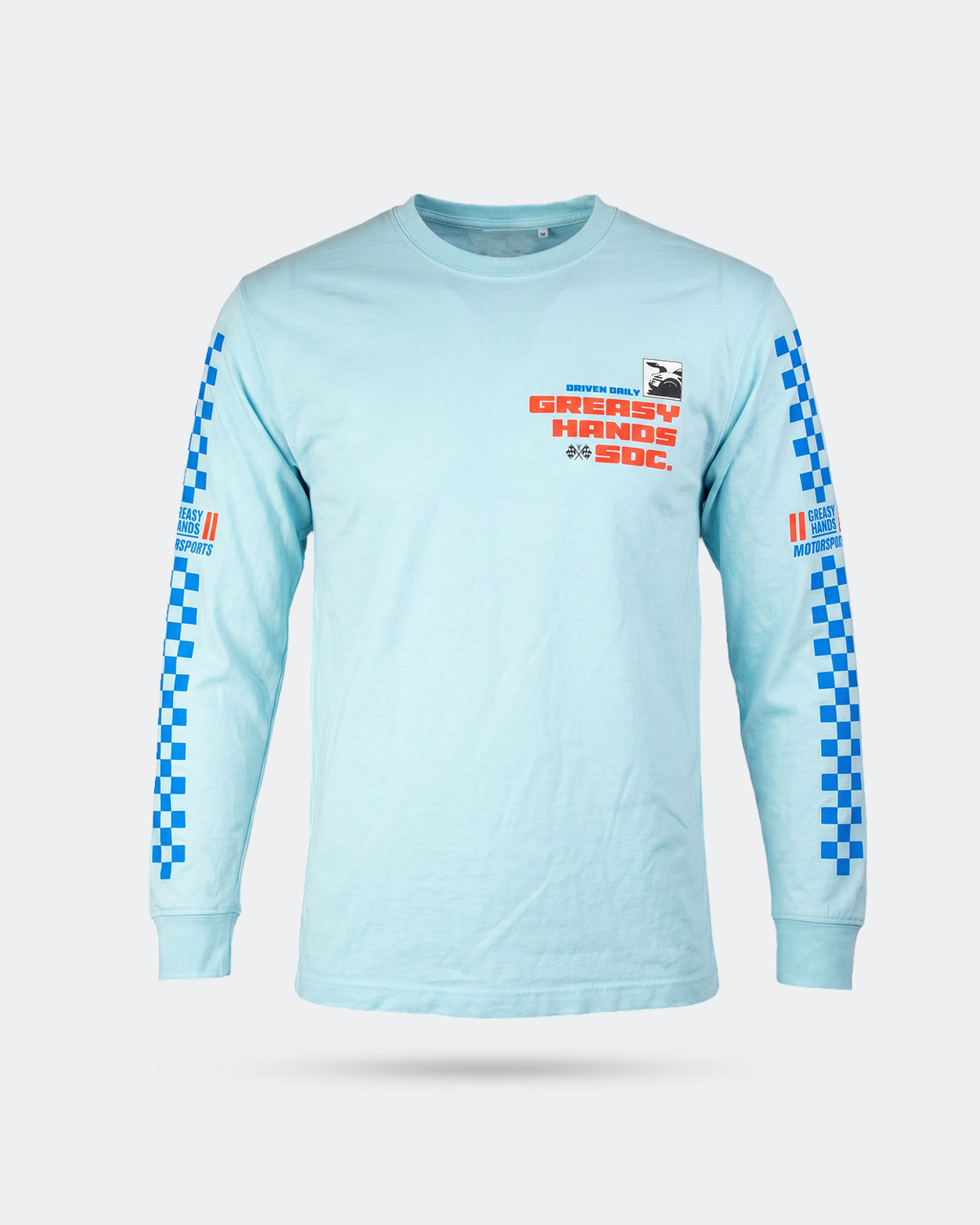 Light blue long-sleeve JDM shirt with checkered patterns on sleeves against a white background - GHS MOTORSPORTS long-sleeve graphic tee by greasy hands society