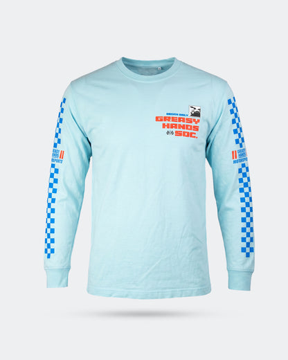 Light blue long-sleeve JDM shirt with checkered patterns on sleeves against a white background - GHS MOTORSPORTS long-sleeve graphic tee by greasy hands society