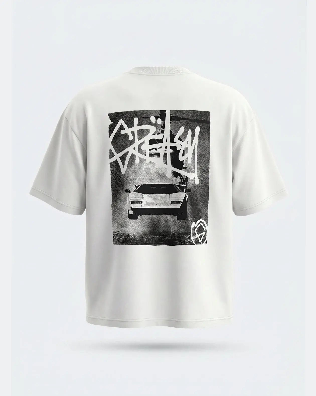 White t-shirt with black and white graphic design on a light gray background - Flying Bull White Heavyweight graphic Tee by Greasy Hands Society