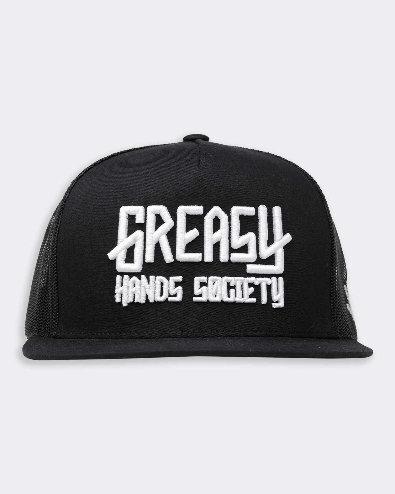 front view of a black and white logo hat on plain gray background - GHS Logo Black hat with white text by Greasy Hands Society