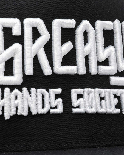 greasy hands society white logo on black hat front stitching detail