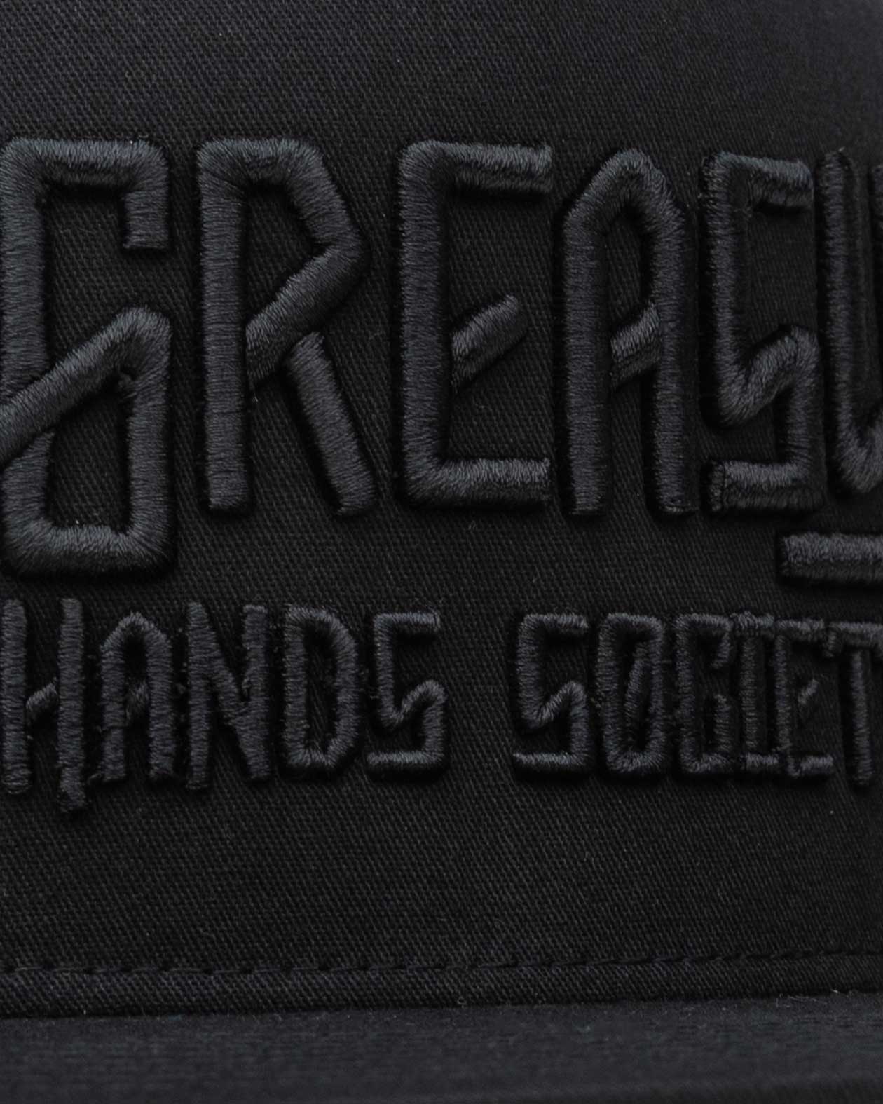 greasy hands society black on black logo snapback hat stitching detail view