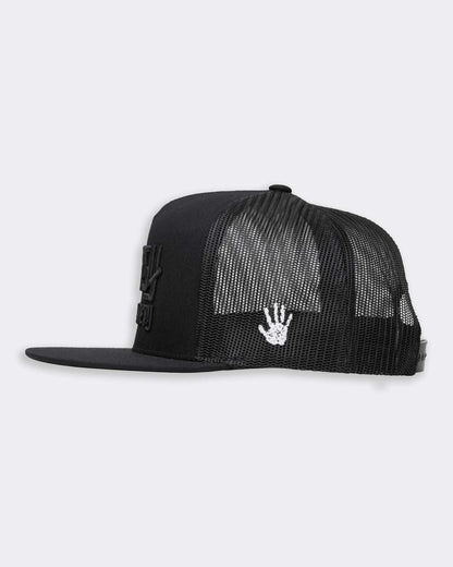 greasy hands society black logo hat side view showing white hand icon