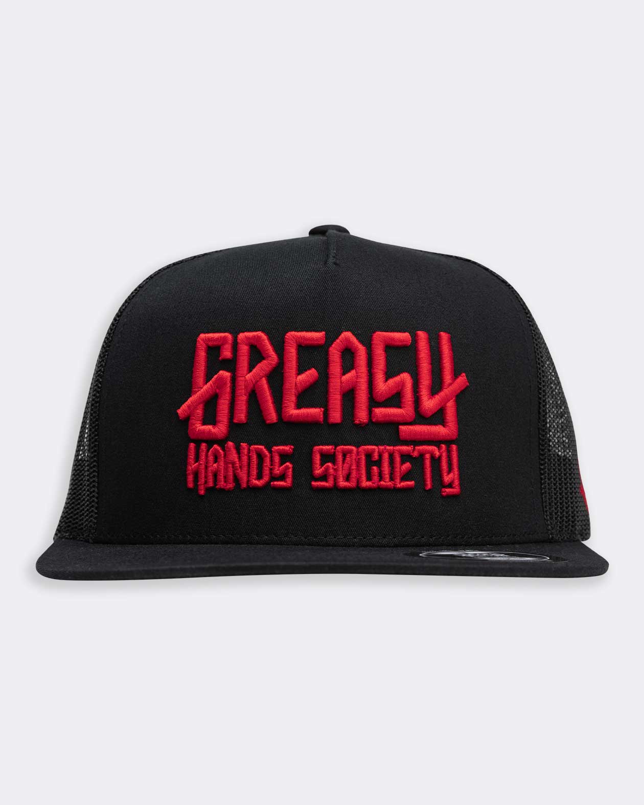 black hat with red greasy hands society logo front view