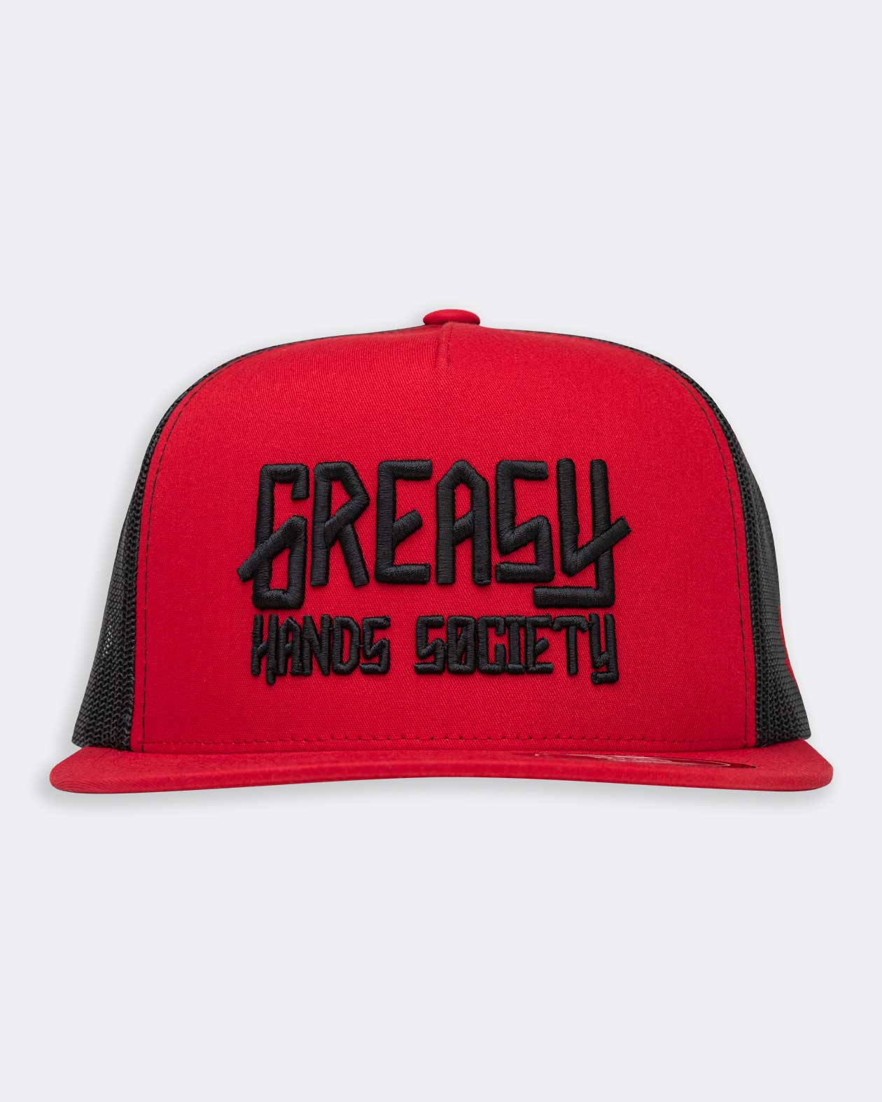 red baseball hat with black greasy hands society logo front view