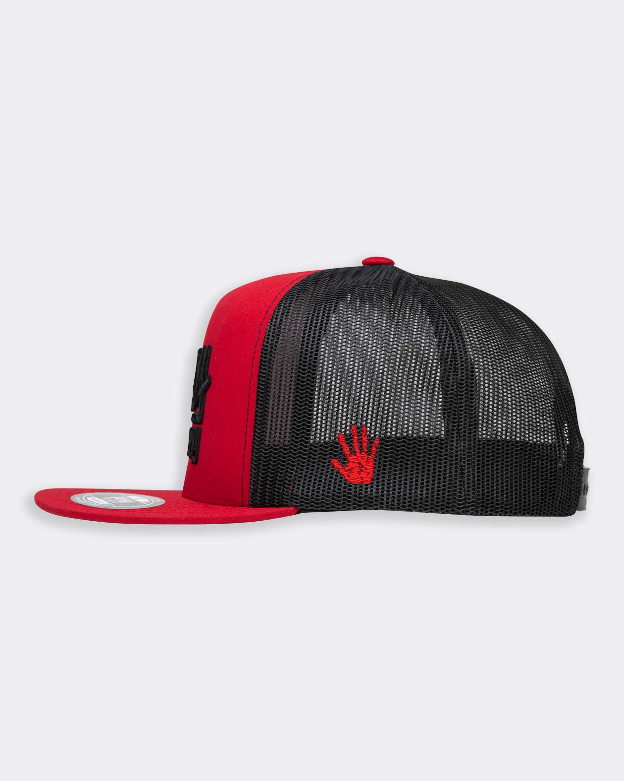 red baseball hat with black greasy hands society logo side view showing hand logo