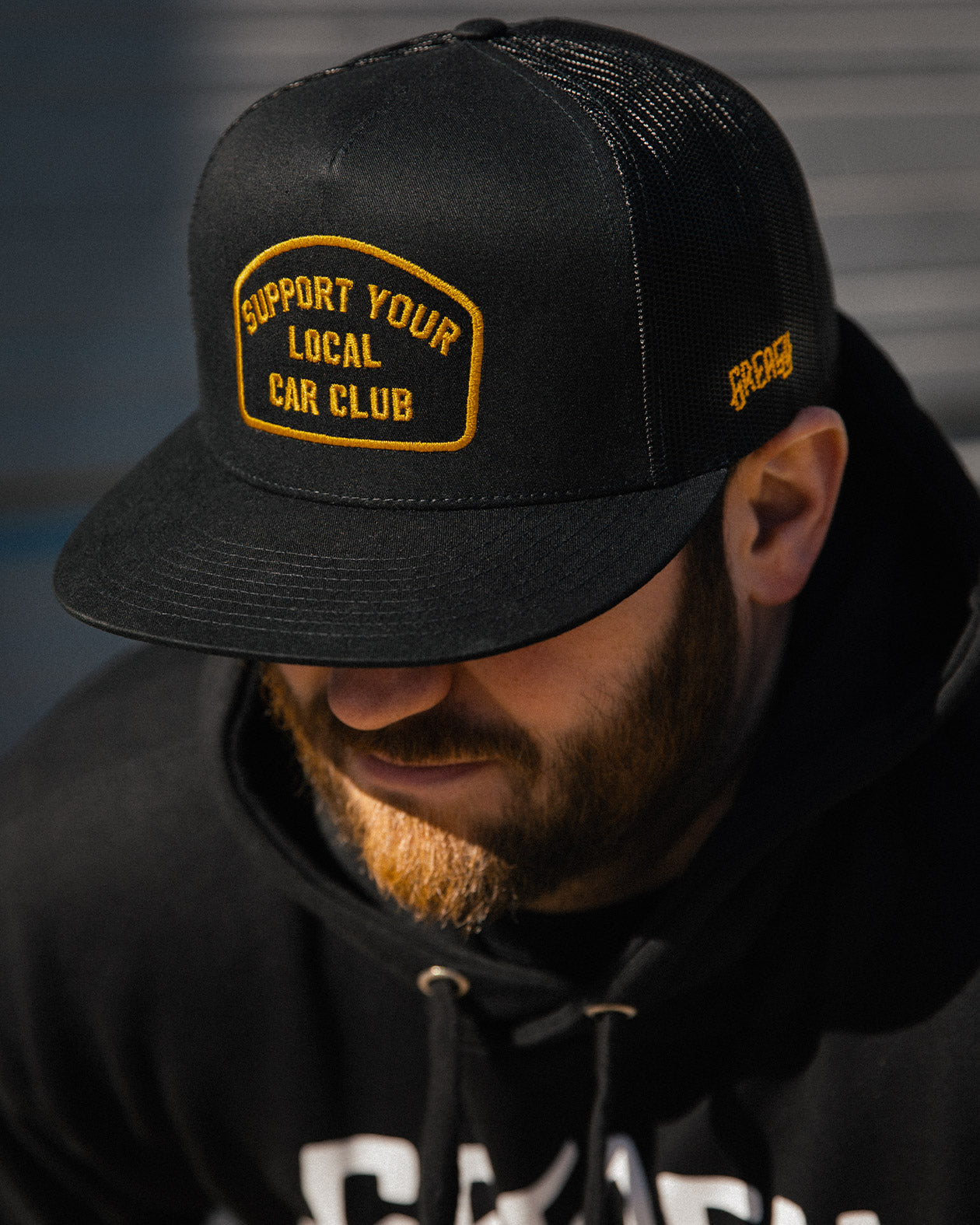 support your local car club black hat with gold patch