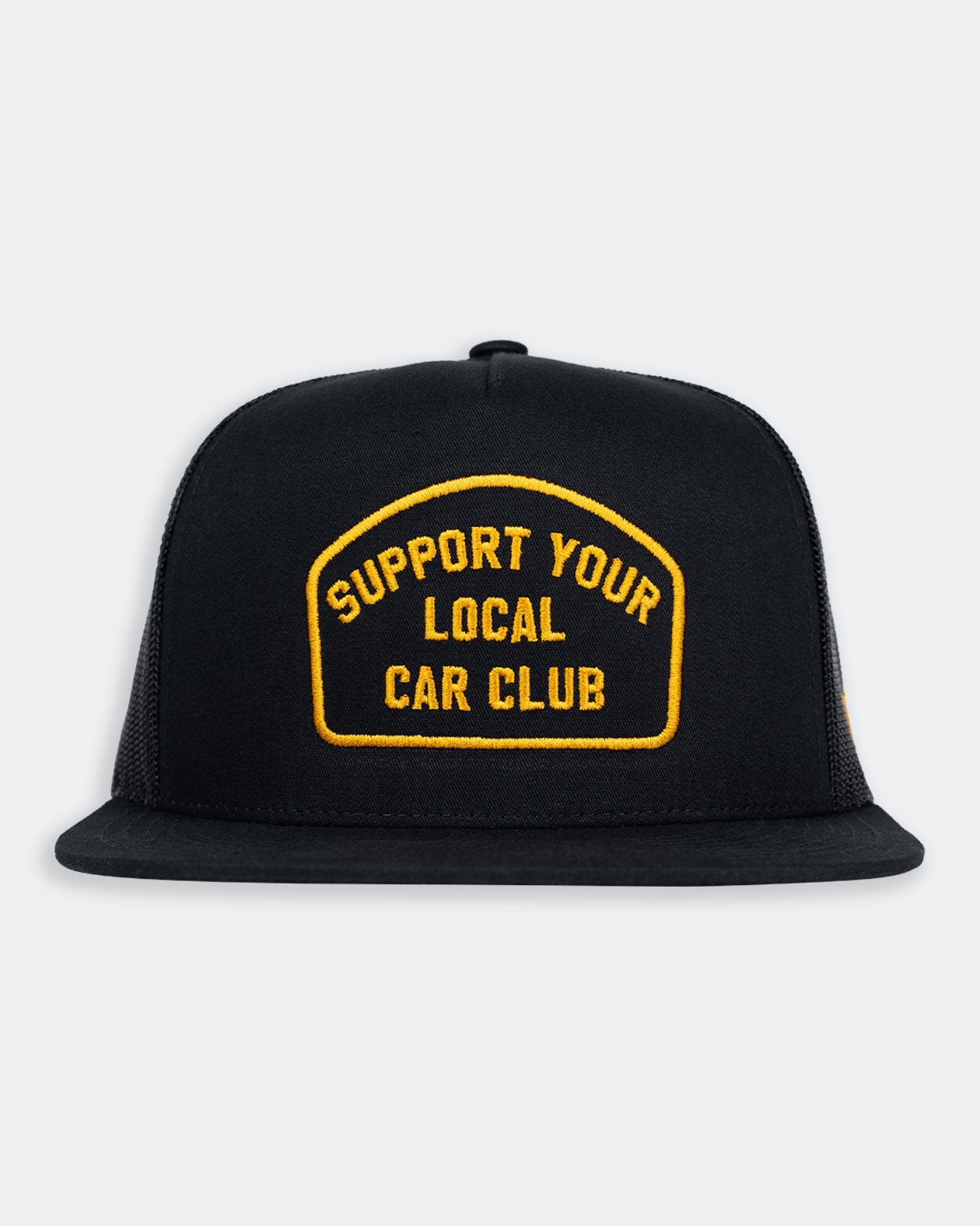 support your local car club black hat with patch in gold stitching