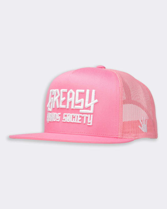 A pink and white structured hat with the 'GREASY HANDS SOCIETY' logo embroidered on the front panel and a hand icon on the side panel - GHS Pink & White Logo Hat by Greasy Hands Society