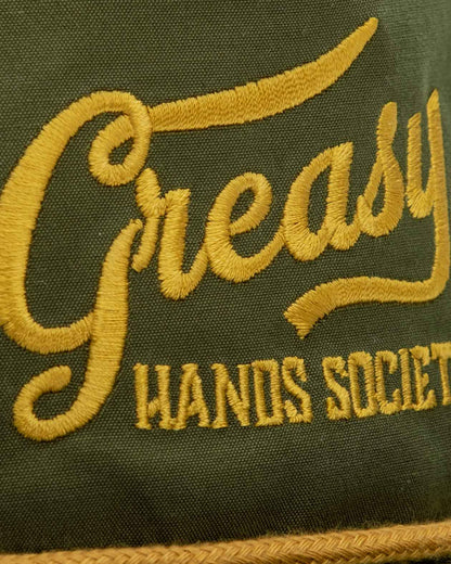 loden green greasy hands society script stitching detail