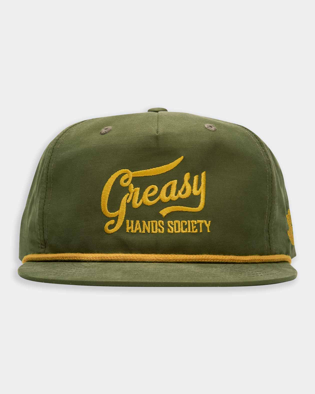 greasy green kick back hat loden front view