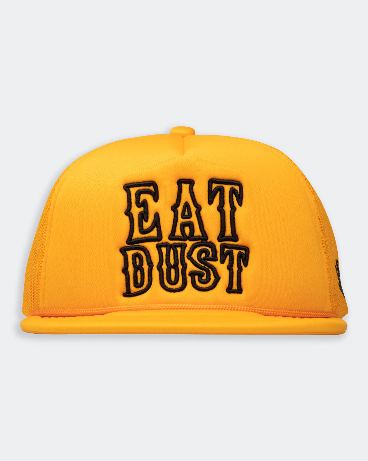 gold trucker hat with black eat dust text