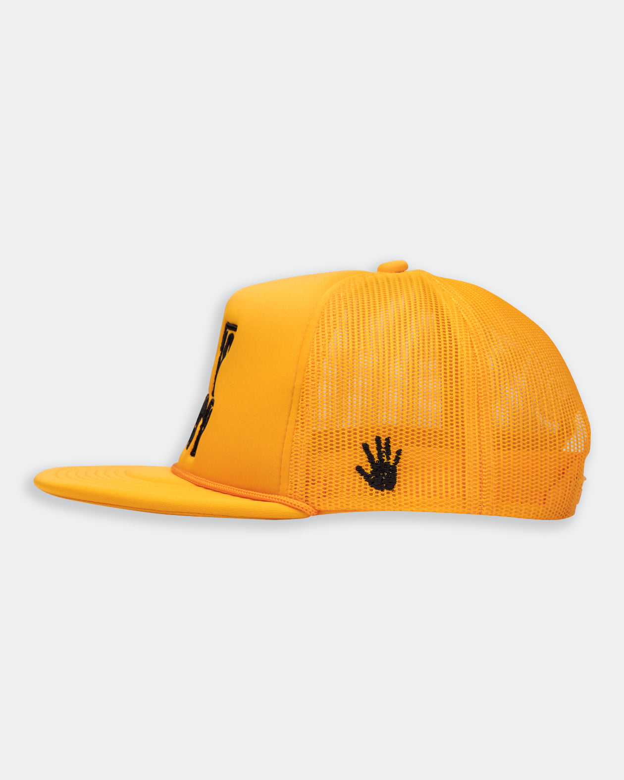 gold colored hat greasy hands society side view showing hand logo