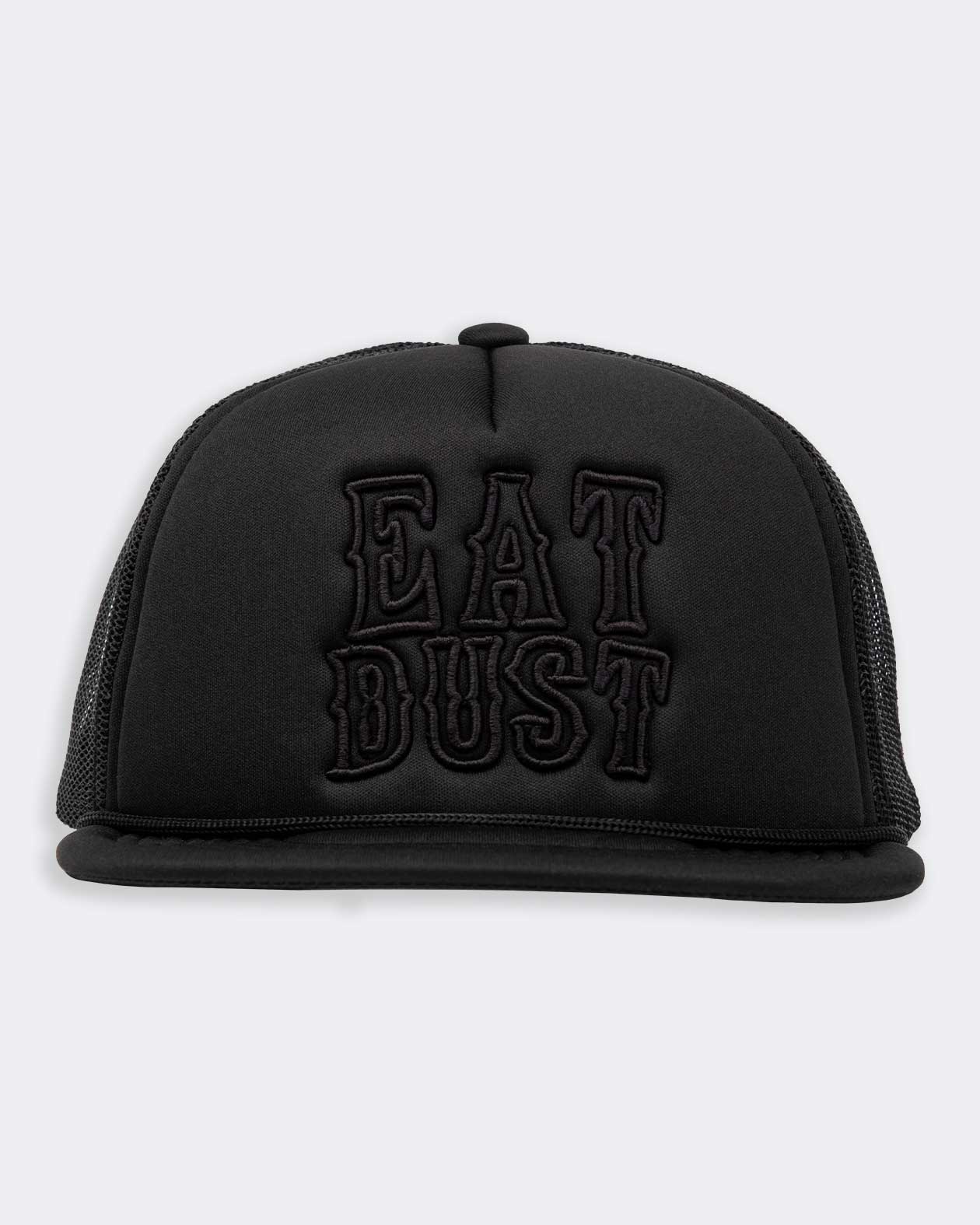 eat dust black on black snapback hat front view