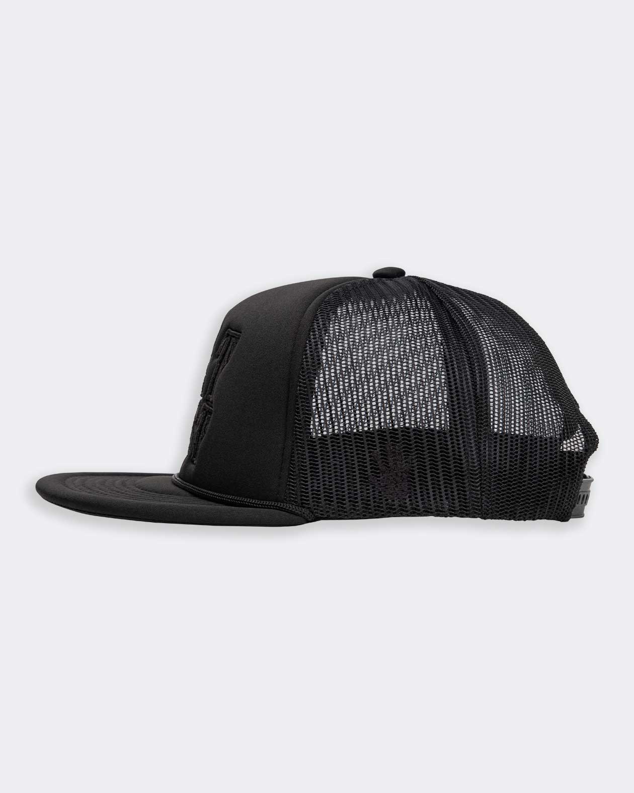 eat dust black on black snapback hat side view showing black hand logo