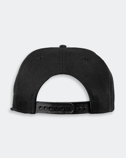 black of a Black snapback cap on a light gray background