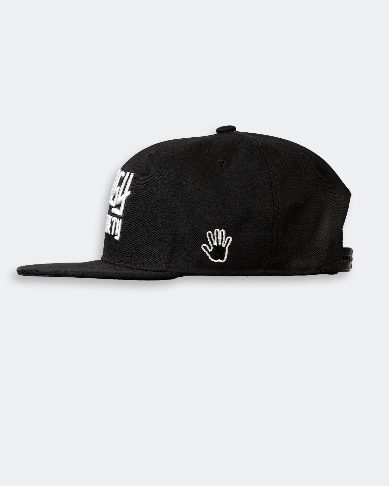 Black cap with white greasy hands society logo with hand on the side  - sideview
